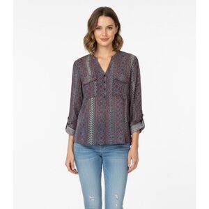 BONGO Semi Sheer Drop Tail Hem Blouse, Women’s L, Blue Red Black White